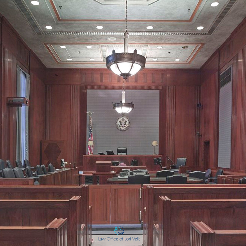 empty family courtroom with judges bench and jury box