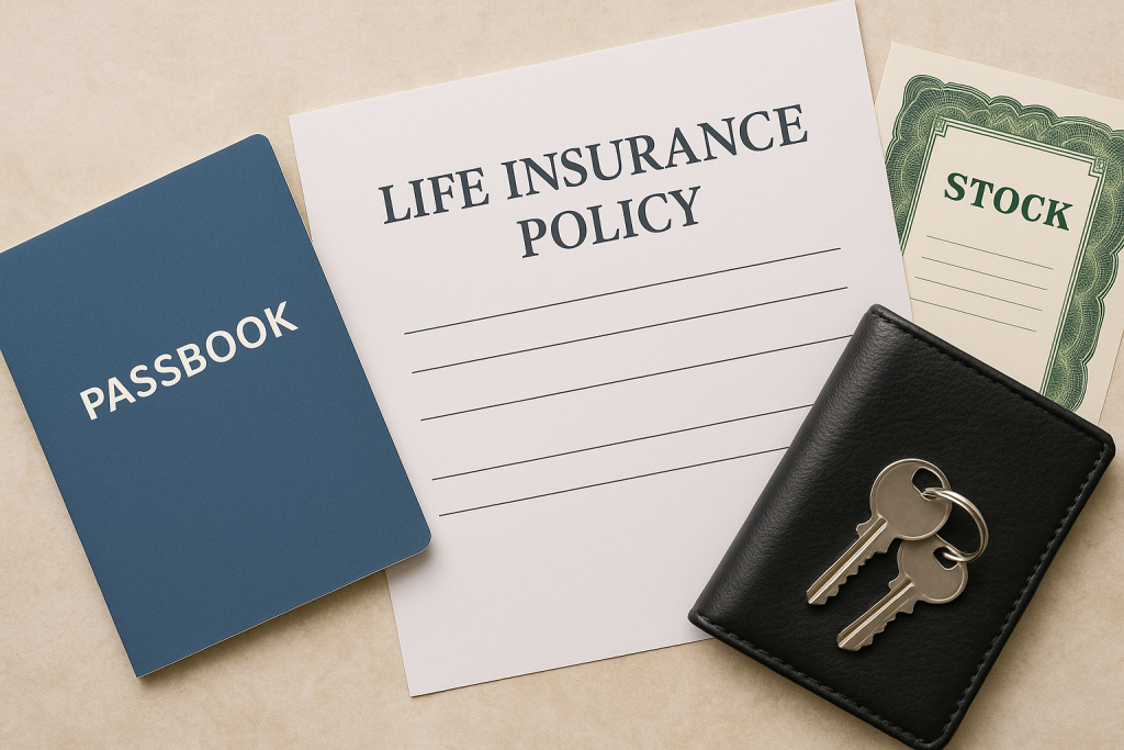 Financial documents including a passbook, life insurance form, stock certificate, wallet, and keys arranged on a desk.
