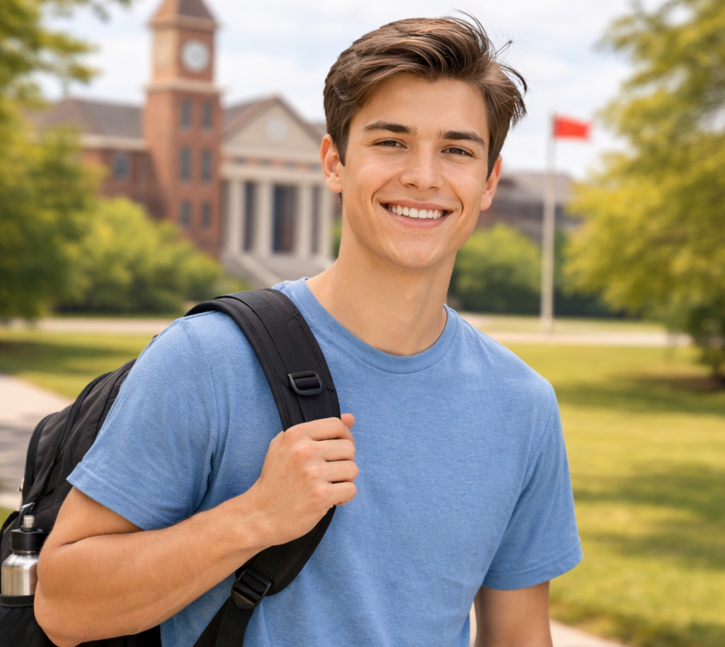 18-year-old college student standing on campus with backpack on first day of college in Florida