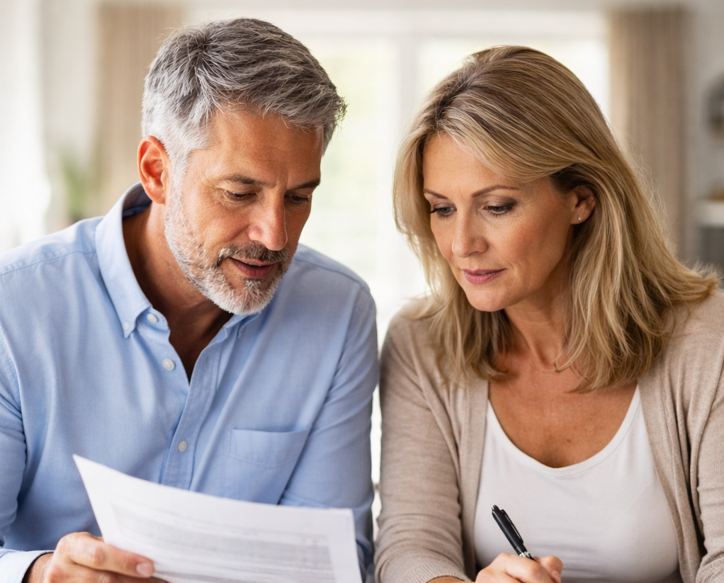 Couple reviewing financial documents together at home