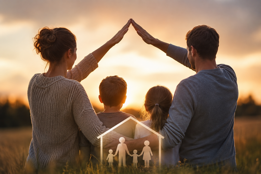 Family standing together at sunset representing protection, trust, and Estate Planning for children
