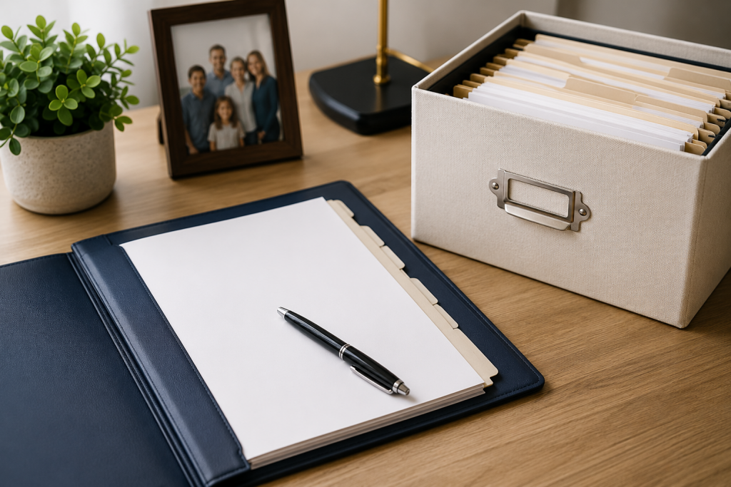 Organized Estate Planning documents stored securely for family access