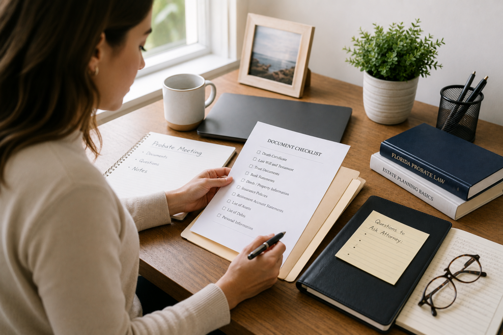 Person organizing documents before a first Probate meeting with an attorney.