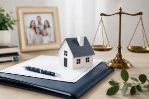 Estate Planning and Probate documents with a model home and scales of justice on a desk