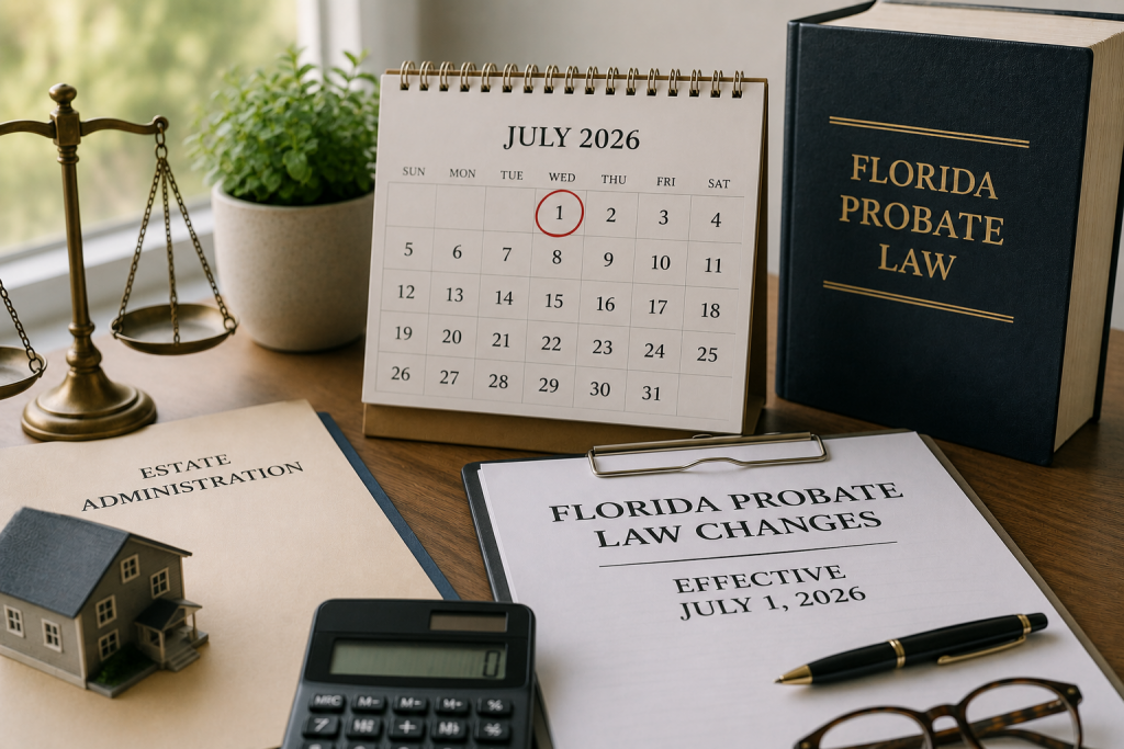 Calendar marking July 1, 2026, with Probate documents representing Florida Probate law changes.
