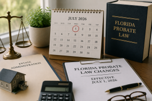 Calendar marking July 1, 2026, with Probate documents representing Florida Probate law changes.