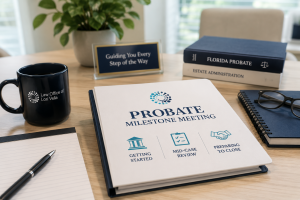 Probate Milestone Meetings at the Law Office of Lori Vella, featuring Probate documents and a professional meeting space for guiding clients through the Florida Probate process.